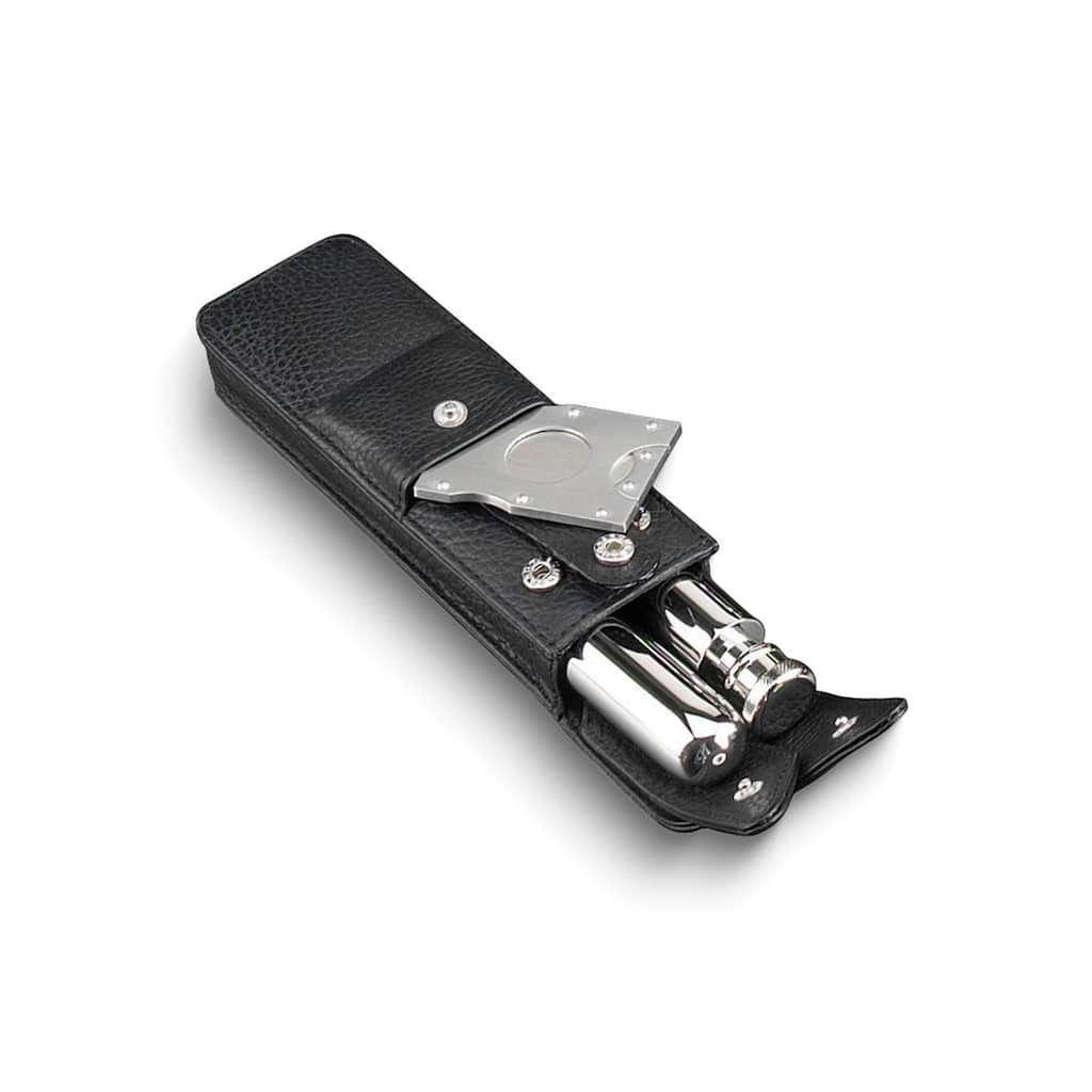 Curata Stainless Flask and Cigar Case with Cutter in Black Leather Case