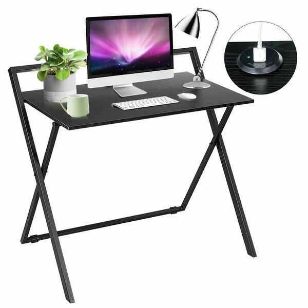 Shop Gymax Folding Computer Desk Simple Pc Laptop Writing Table With Dual Usb Charger Black Overstock 28630642