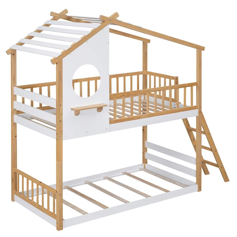 House Bunk Bed for Kids, Low Bunk Bed Twin Over Twin, Wood Floor Bunk ...