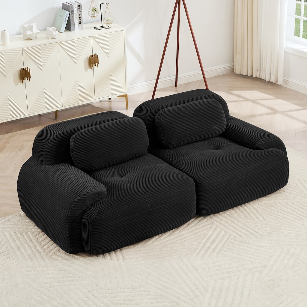 Anmytek 82 Inch Black Corduroy Modular Loveseat Sofa with Curved Arms and High Resilience Sponge