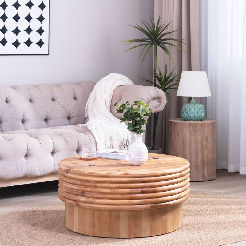 30.3" Modern Rustic Round Wooden Coffee Table with Hidden Storage