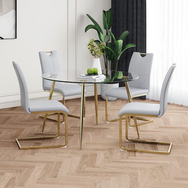 47.2" Luxury Glass Dining Table Set for 4, Circle Kitchen Table with 4 PU Chairs, 5-Piece Modern Dining Table and Chair Set