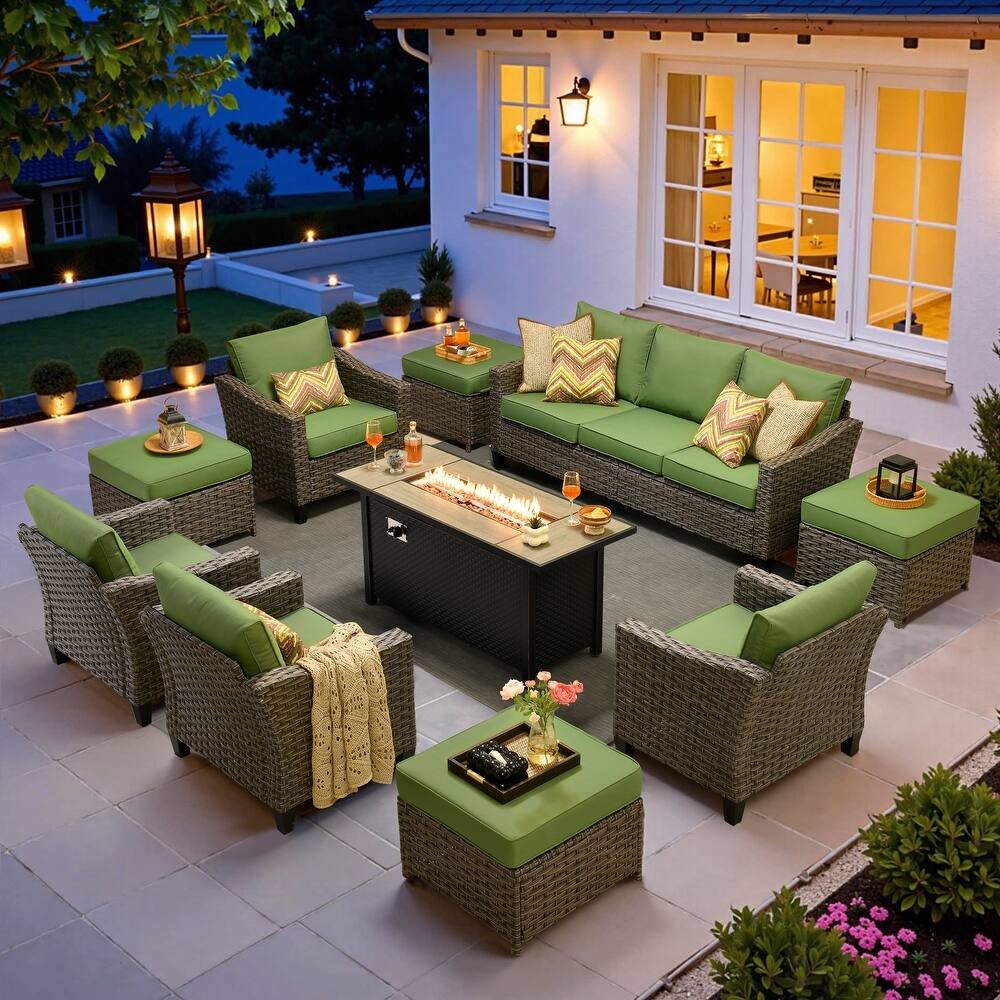 ​​OVIOS 10-Piece Outdoor Wicker Set with Fire Pit Table​