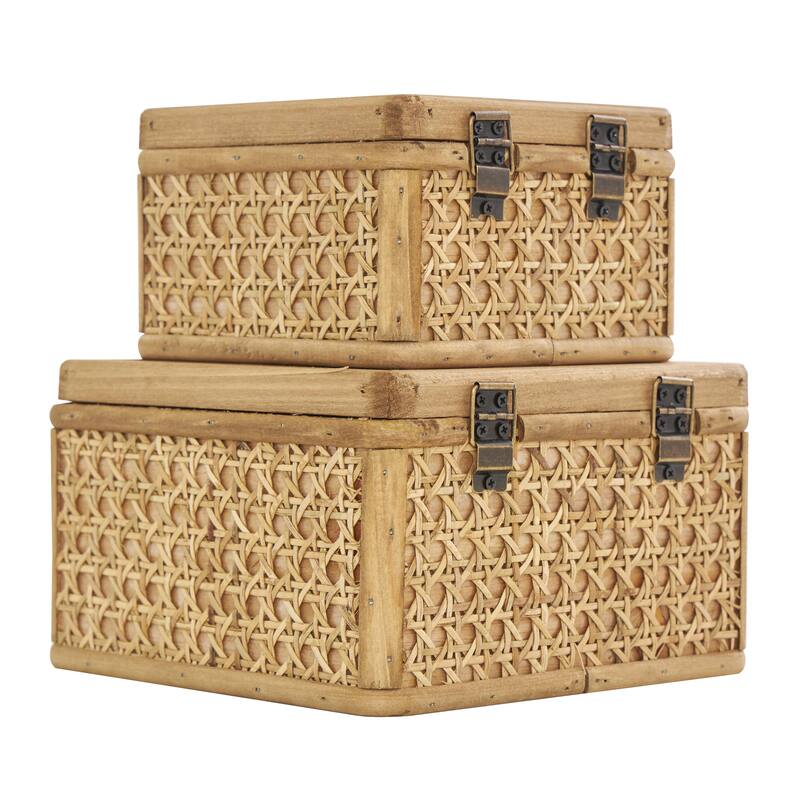Rattan Handmade Woven Rattan Box with Glass Tops and Bronze Latches - Set of 2 Brown - Roche River Decor