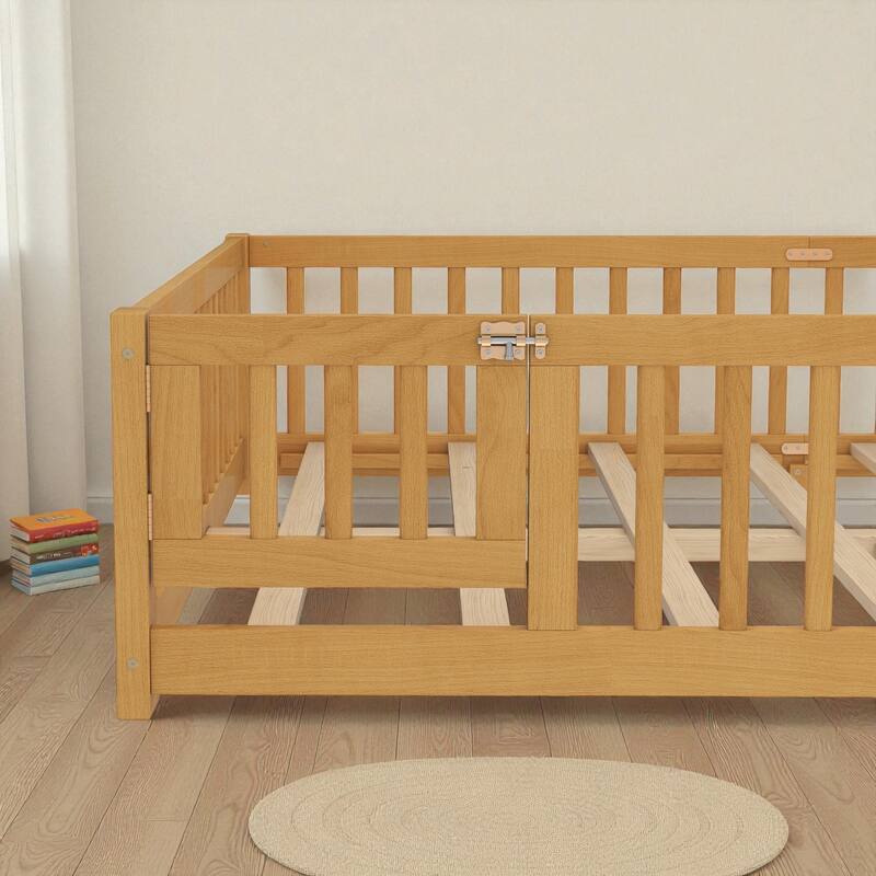 Twin/Full/Queen Size Wood Floor Bed with Door and Guardrails for Kids, Montessori Bed with Removable Slats
