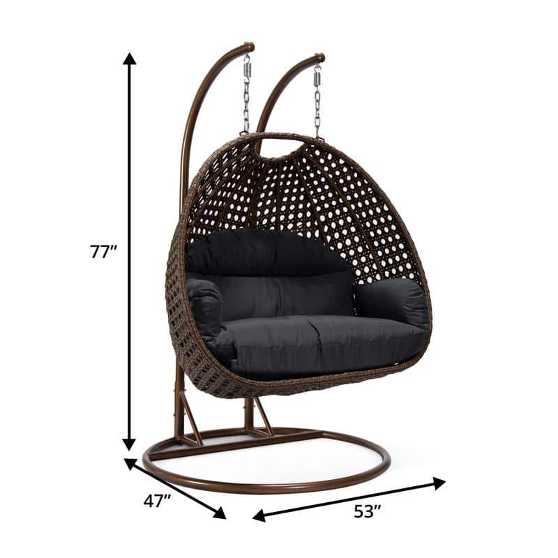 LeisureMod Mendoza Dark Brown 2 Seater Wicker Patio Hanging Double Swing Chair for Patio Porch Backyard Garden - 53"