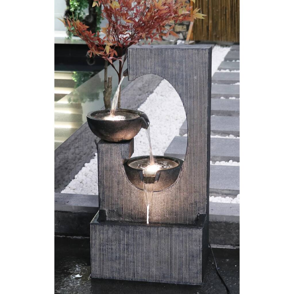 LED Lighted 3-Tier Cascading Outdoor Garden Water Fountain - 31.75" - Gray