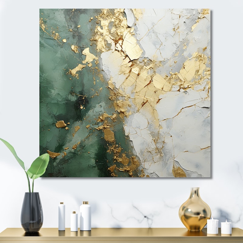 Designart "Gold And Green Paint Fusion" Abstract Wall Art