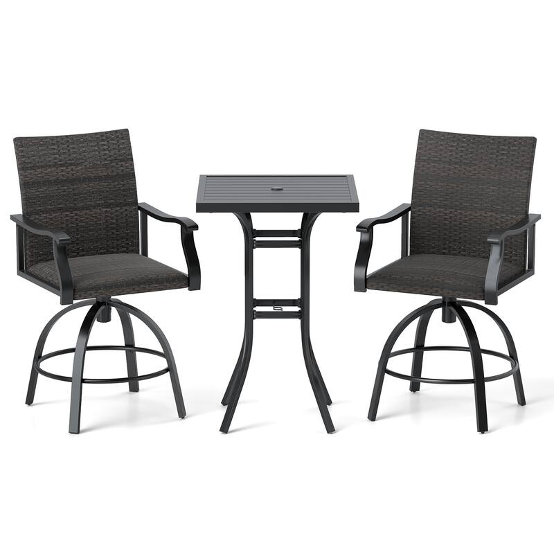 Gymax 3 PCS PE Wicker Patio Swivel Bar Set Table & Chairs w/