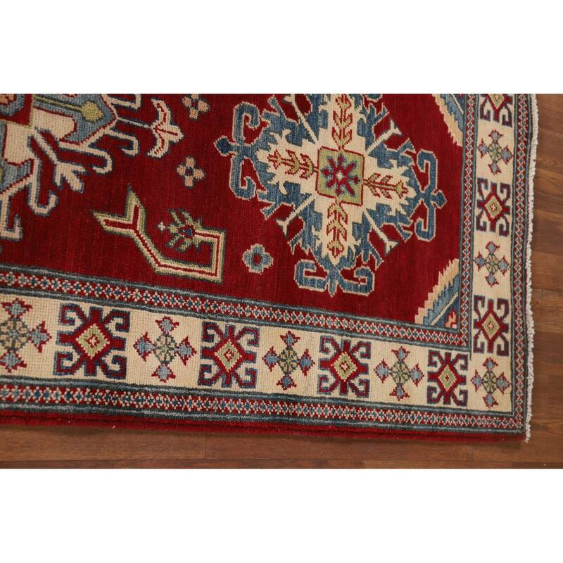 Red Geometric Kazak Runner Rug Handmade Oriental Wool Carpet - 2'9" x 10'1"