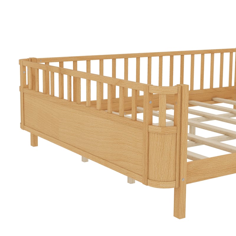 Multi Size Low Platform Bed for Kids with Rounded Corners Guardrails, Detachable Right-side Fence and Open Left-side Design
