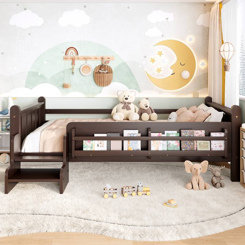 Full/Twin Floor Bed with Storage Bookcases & Cute Stairs - Solid Wood Kids Bed, No Box Spring