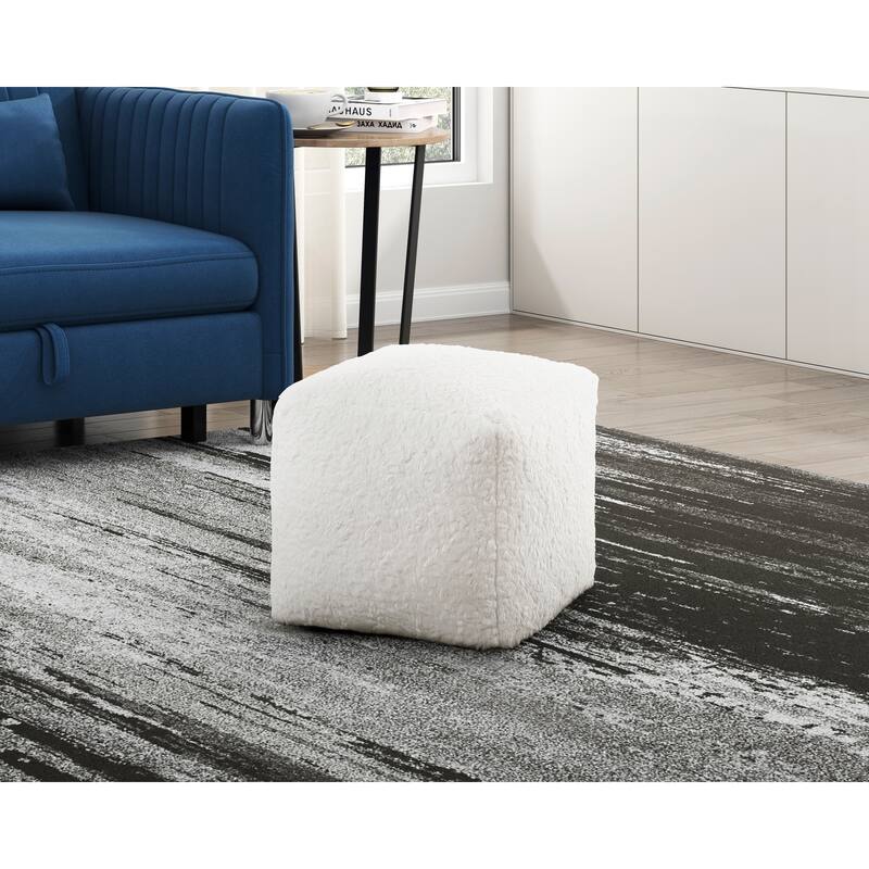 Modern Square Pouf Faux Fur Fabric Upholstered Ottoman, Footstool, Non-Slip Floor Pouf, Bean Bag Chair, 1pc Sitting Pouf - Off White