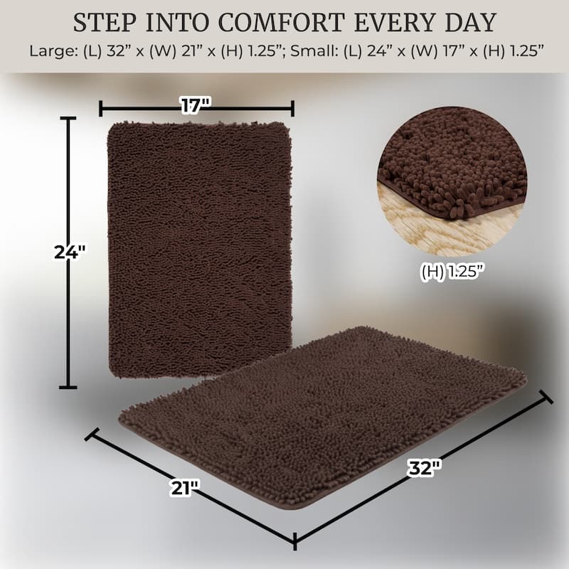 Bathroom Rugs - 2-Piece Memory Foam Bathroom Set with Chenille Shag Top and Non-Slip Base by Windsor Home