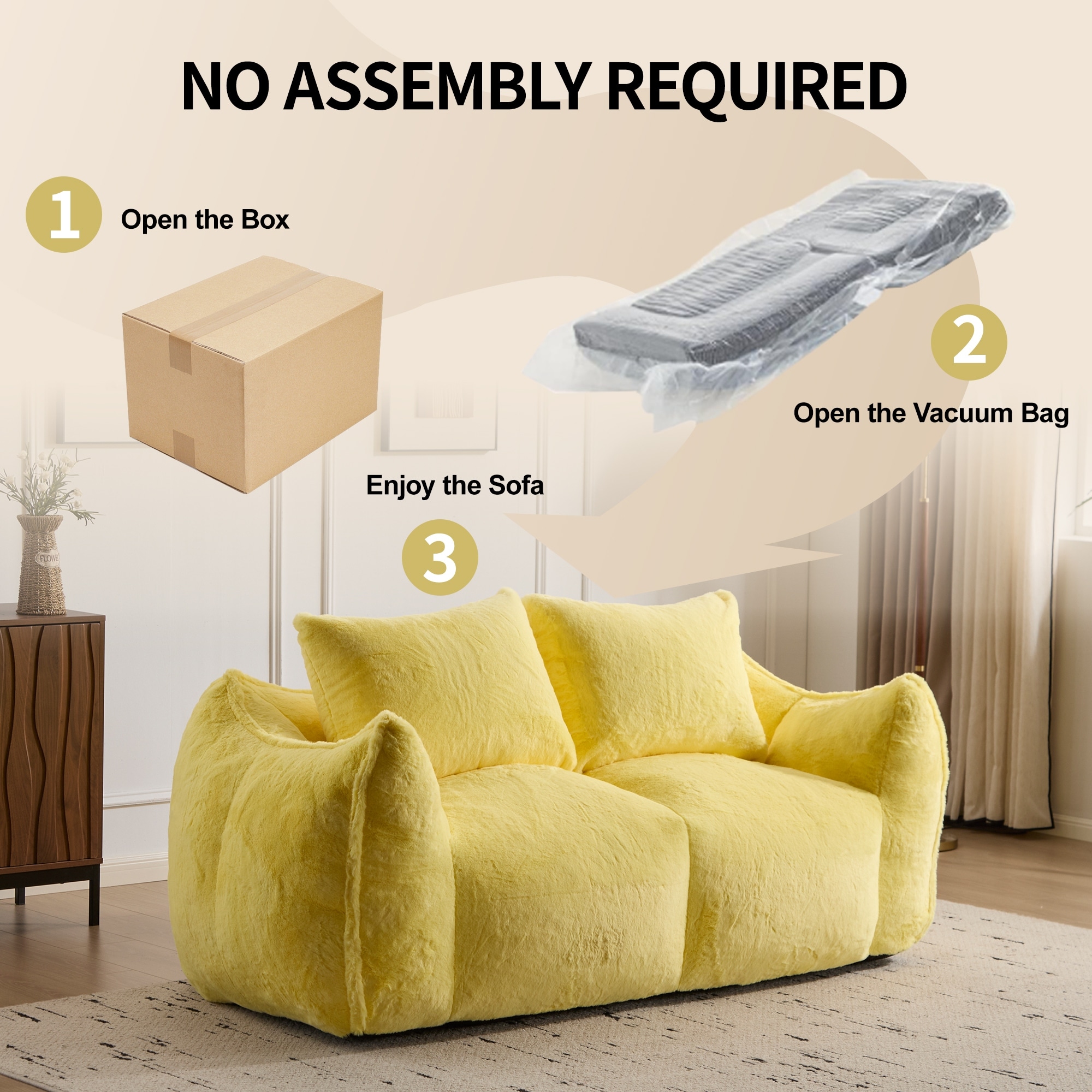 Yellow Simple Bean Bag Couch Loveseat Sofa Couch with 2 Pillows 