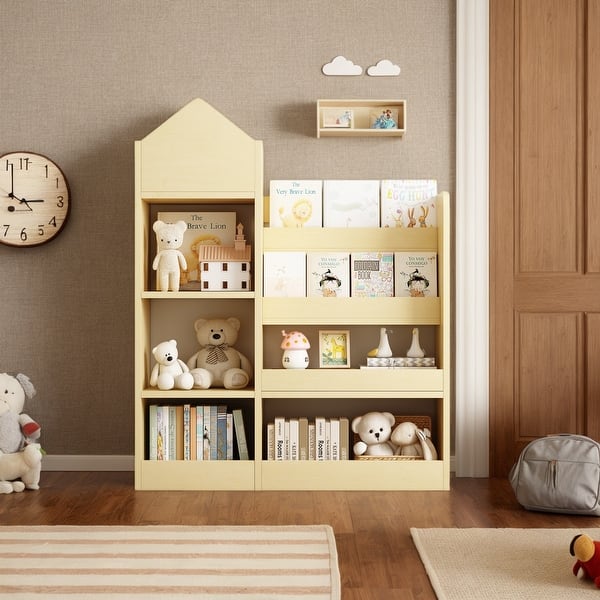 slide 2 of 24, Children's Wooden Bookshelf and Toy Storage Organizer with Bookcase, 6 Compartments, and 2 Baskets wood