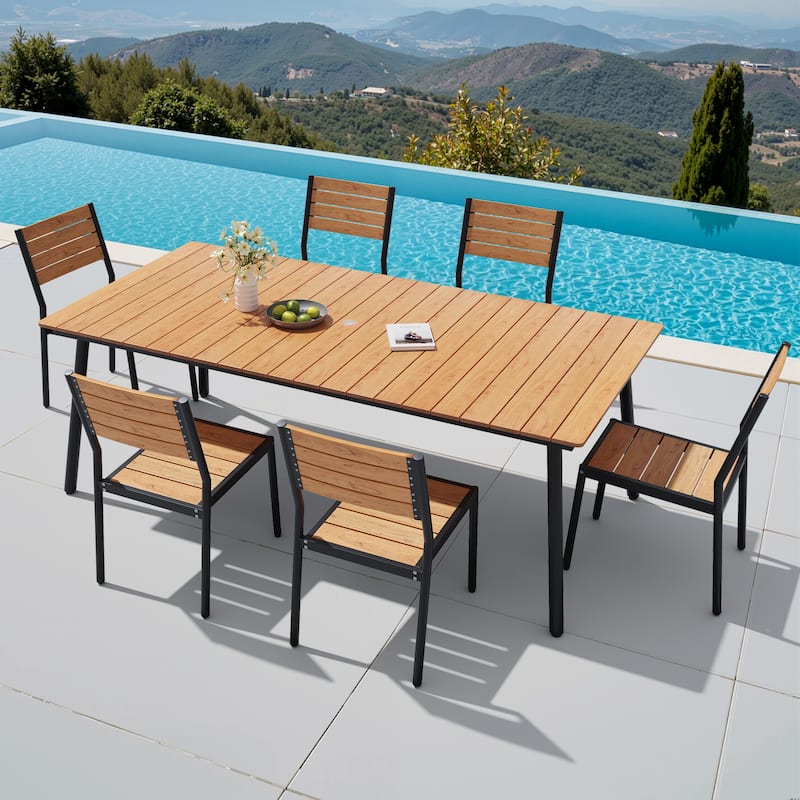 VredHom 7-Piece Outdoor Patio Rectangle Aluminum Dining Table with Chairs - Brown