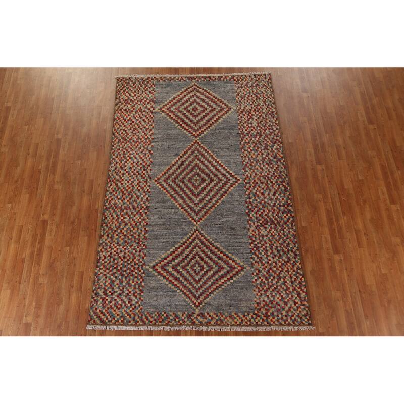 Hand Knotted Oriental 100% Wool Carpet Modern Geometric Greys & Charcoal Moroccan Area Rug - 9' 8'' X 6' 4''