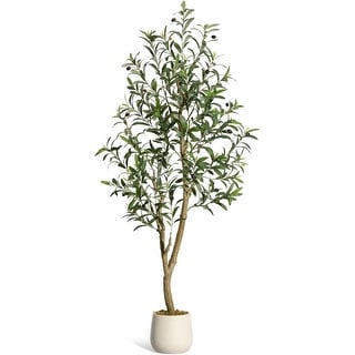 Artificial Olive Tree, Faux Silk Plant with White Planter, Natural Trunk & Fruits for Home or Office Decor, 1 Pack