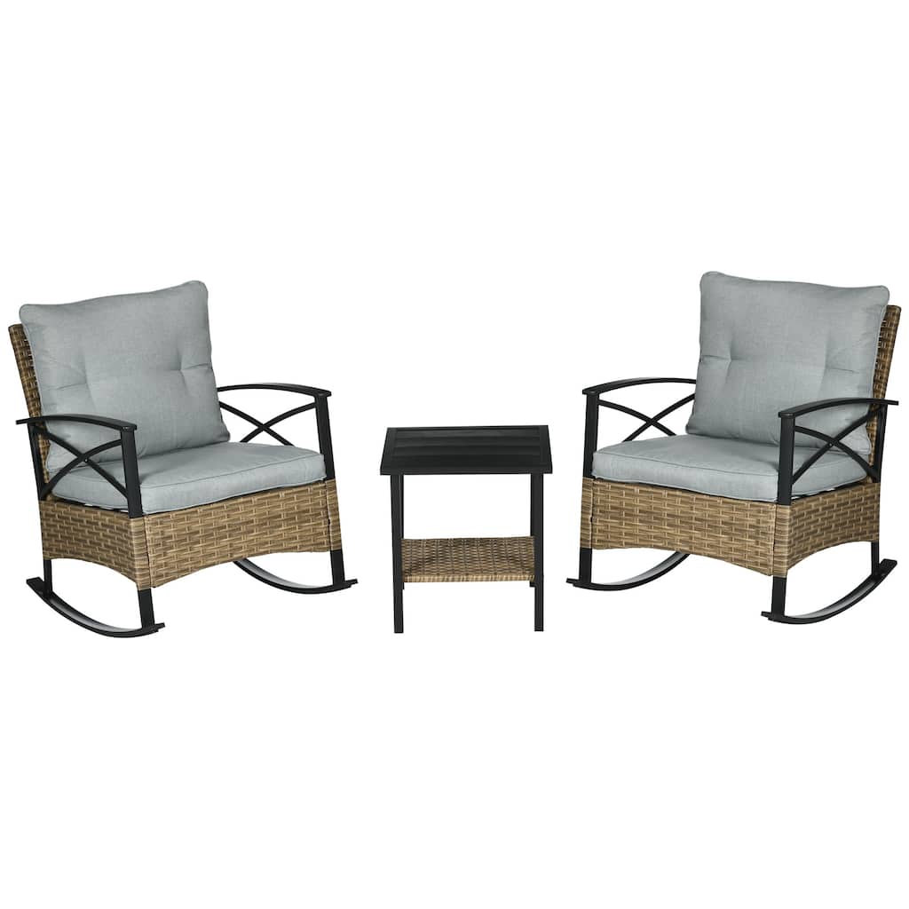 3 Piece Patio Rocking Chair Set, Outdoor Wicker Bistro Set with 2 Cushioned Porch Rockers and 2 Tier Coffee Table