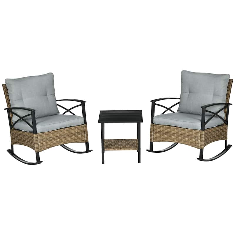 3 Piece Patio Rocking Chair Set, Outdoor Wicker Bistro Set with 2 Cushions and 2 Tier Coffee Table for Garden, Porch, Backyard - Gray
