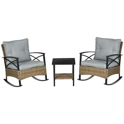 3 Piece Patio Rocking Chair Set, Outdoor Wicker Bistro Set with 2 Cushions and 2 Tier Coffee Table for Garden, Porch, Backyard