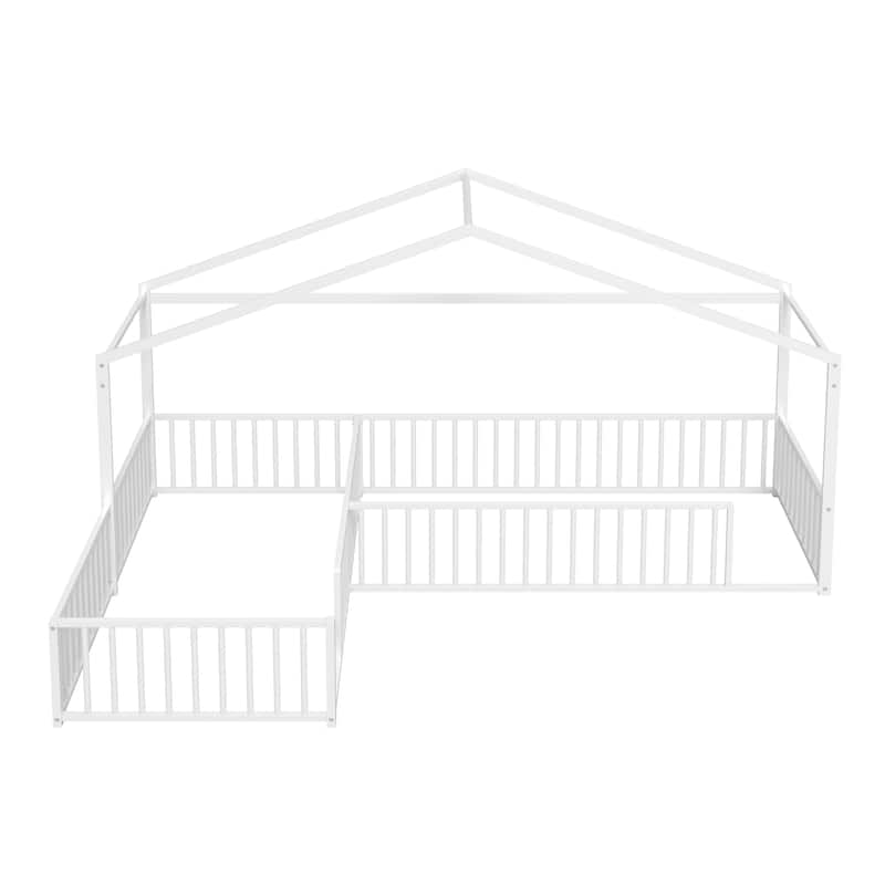 Twin Size L-shaped Corner Montessori Bed with Fence, Metal House-shaped Bed Frame, Without Slats, Floor House Bed for 2 Kids