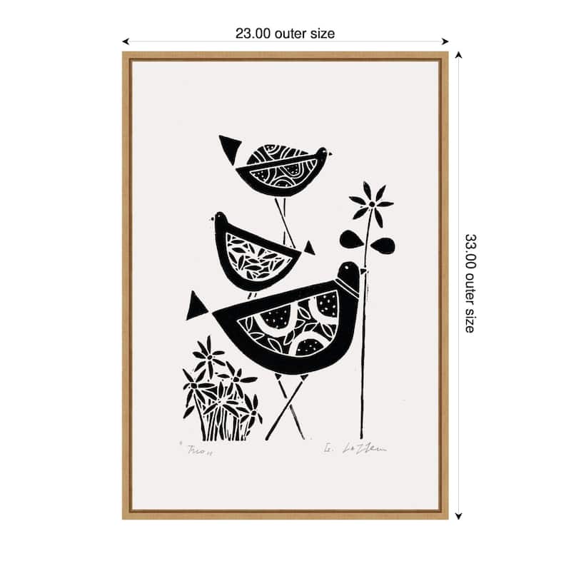 Kate and Laurel Sylvie Folk Bird Family Trio Linocut Framed Canvas by Giuliana Lazzerini