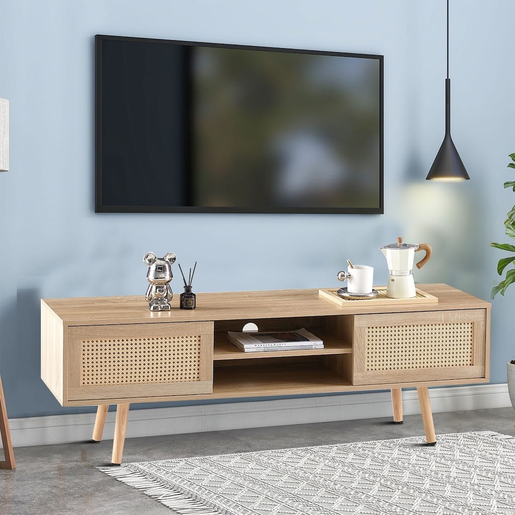 Modern Farmhouse Style Wooden TV Stand with Two Rattan Woven Sliding Doors