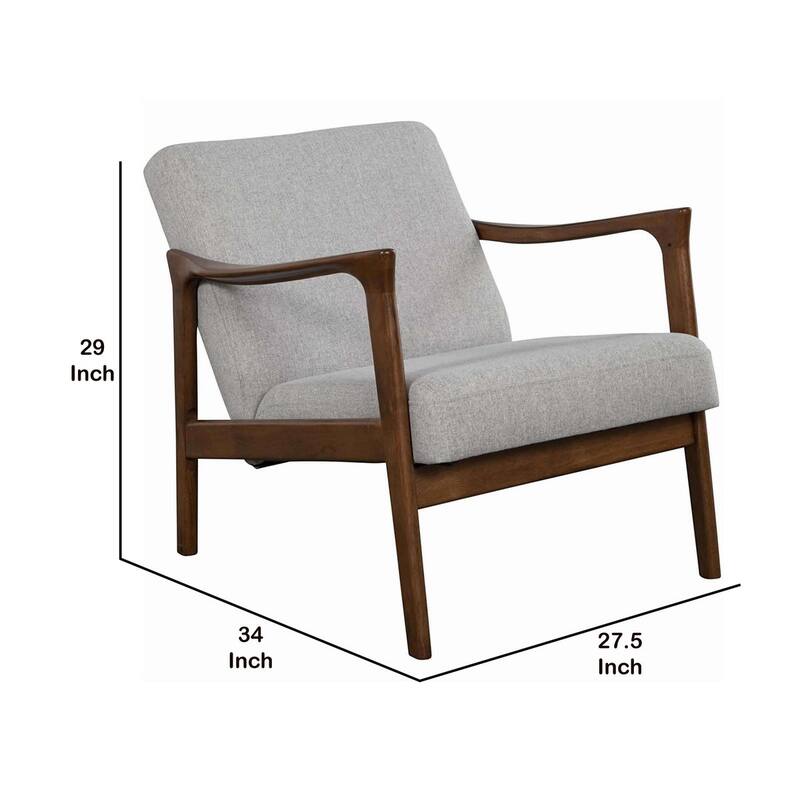 Fabric Upholstered Mid Century Wooden Lounge Chair, Gray and Brown - 29 H x 27.5 W x 34 L Inches