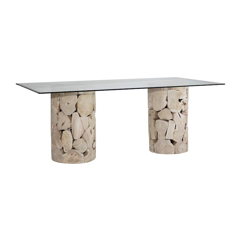 Scarlett 79-inch Rectangular Double Pedestal Base Glass Top Dining Table, Bleached Teak Root