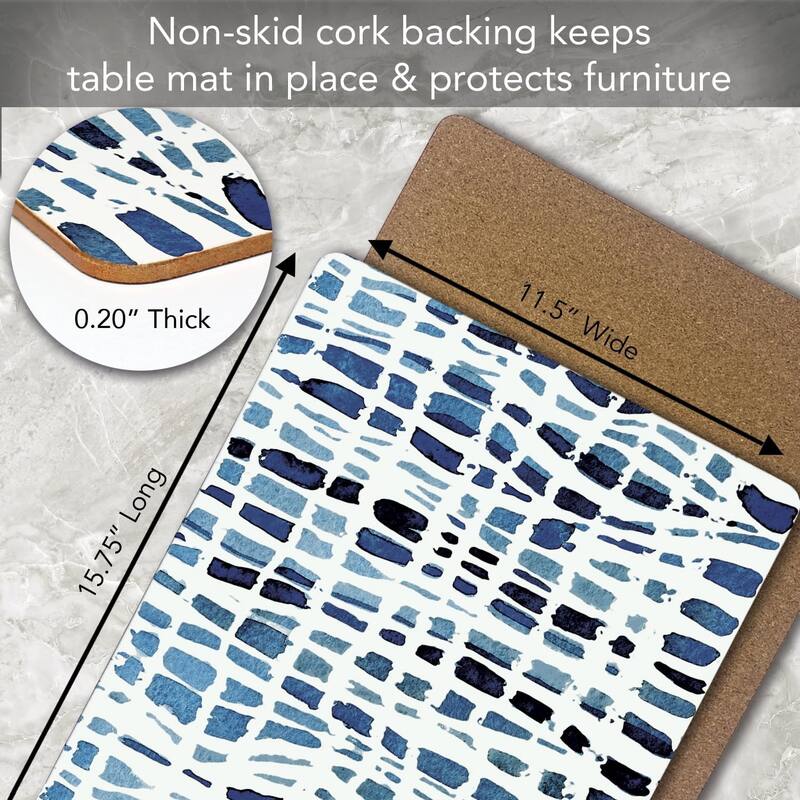 Indigo Wavy Lines Decorative Hardboard Placemats with Protective Cork Backing 4 Pack Heat Tolerant and Easily Wipes Clean