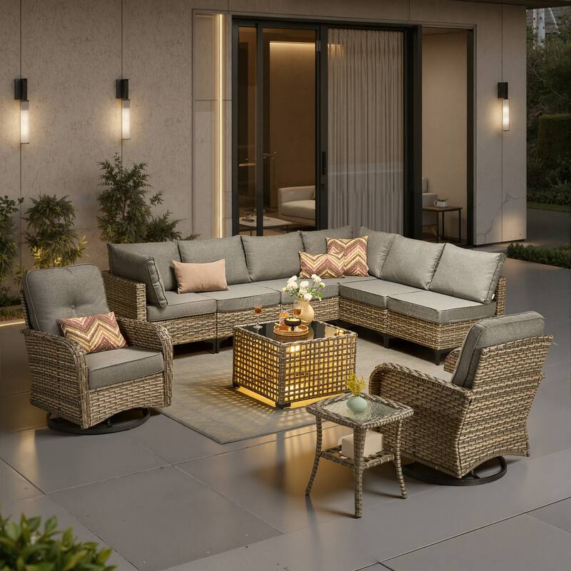 HOOOWOOO 10-piece Patio Wicker Furniture Sectional Set Swivel Rocking Chair Set - Dark Grey