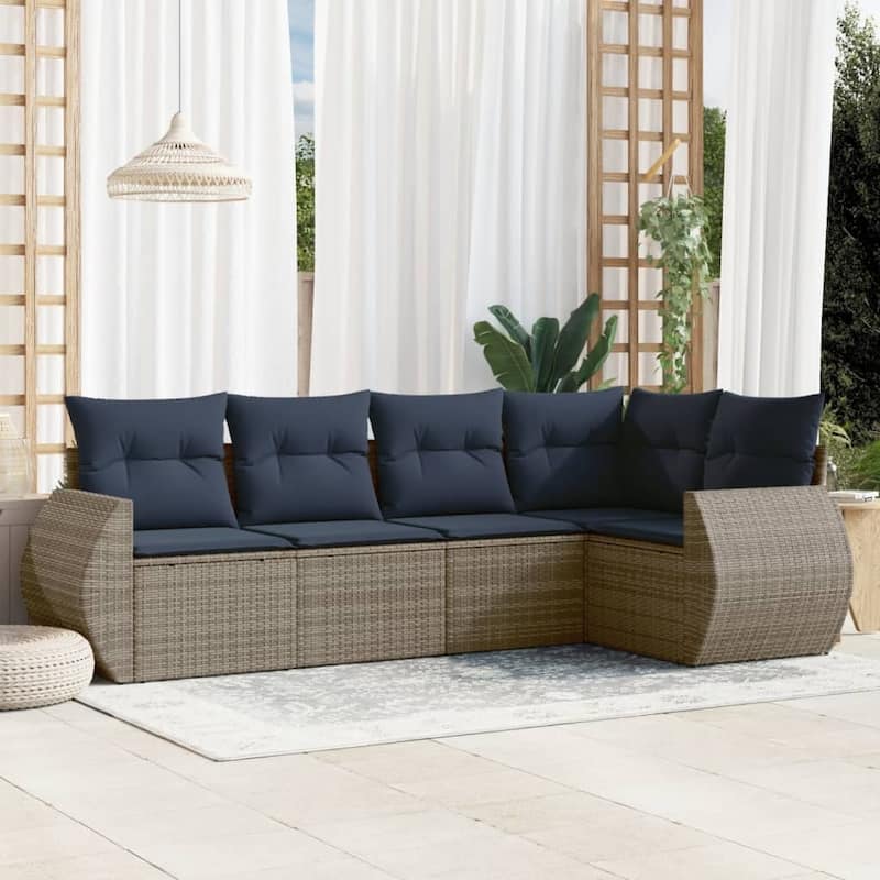 vidaXL Patio Sofa Set with Cushions Outdoor Conversation Furniture Poly Rattan - 24.4 x 24.4 x 27.2 - Grey and Blue-Without table