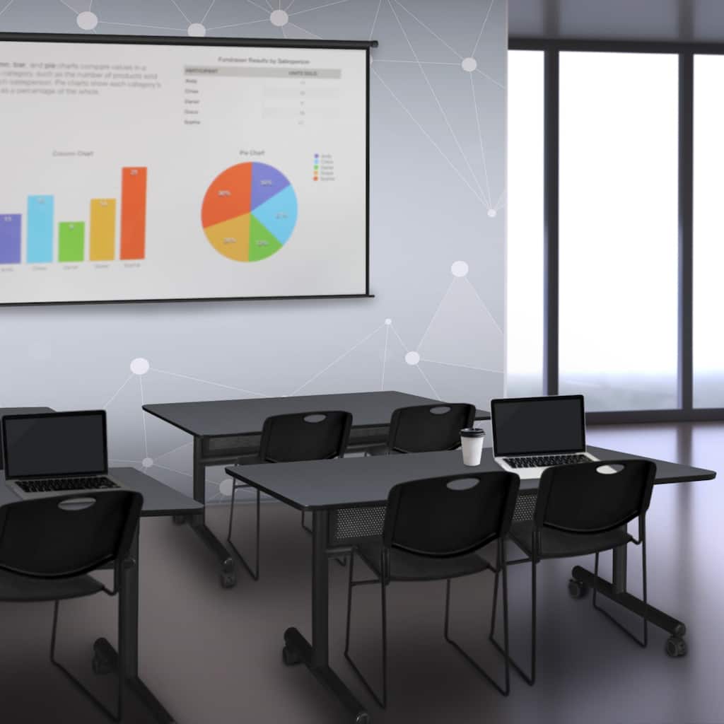 48" x 24" Flip Top Mobile Training Table with Modesty Panel- Grey and 2 Stack Chairs- Black