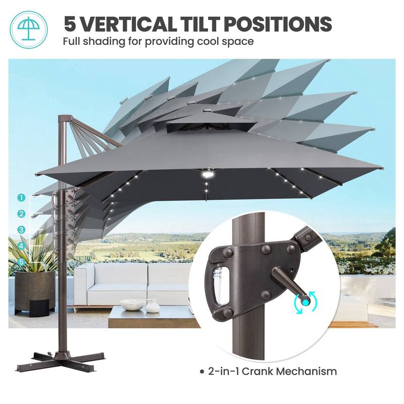 10 FT x 13 FT Outdoor Patio Premium LED Lighted Double Top Cantilever Offset Umbrella with Base