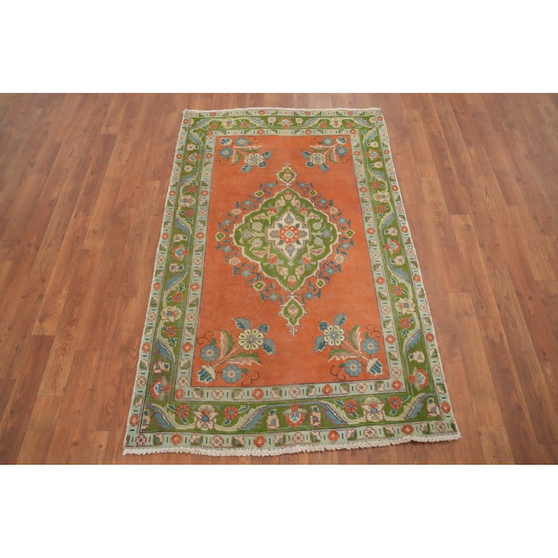 Hand Knotted Oriental 100% Wool Carpet Traditional Floral Oranges & Rust Tabriz Area Rug - 4' 11'' X 3' 1''