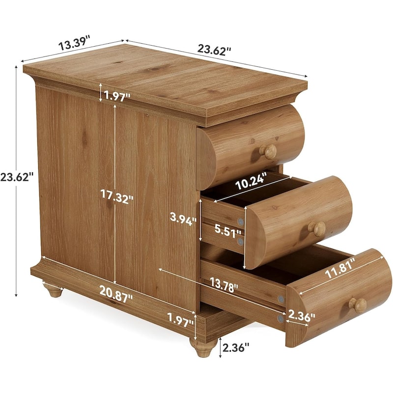 Solid Wood End Table, 3 Drawers Narrow Sofa Side Table with Finished Back
