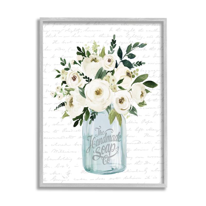 Stupell White Blooms Flower Bouquet Classic Jar Script Framed Wall Art, Design by Lettered and Lined - Off-White - 16 x 20 - Grey