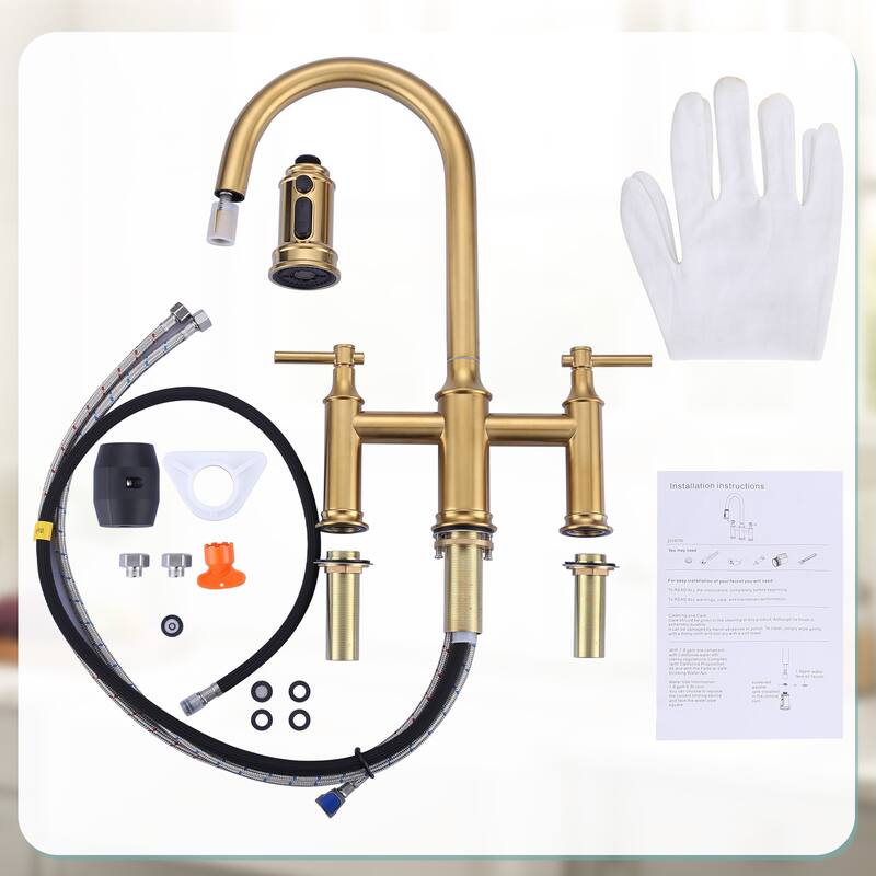 WOWOW Double Handle Pull Down Sprayer Bridge Kitchen Faucet