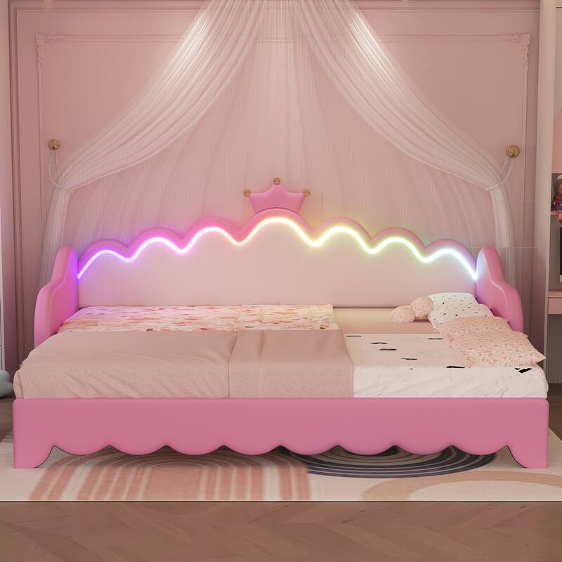 Twin Extending Daybed with LED Lights, Modern Upholstered Princess Daybed With Crown Headboard