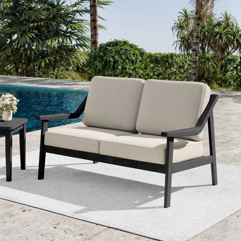 Outdoor Teak Wood Slat Back Patio Loveseat Sofa - BlackFrame-Light Camel