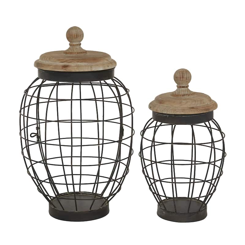 Metal Caged Style Decorative Jars with Wood Lids - Set of 2 Black - Roche River Decor - 9"W x 9"L x 15"H