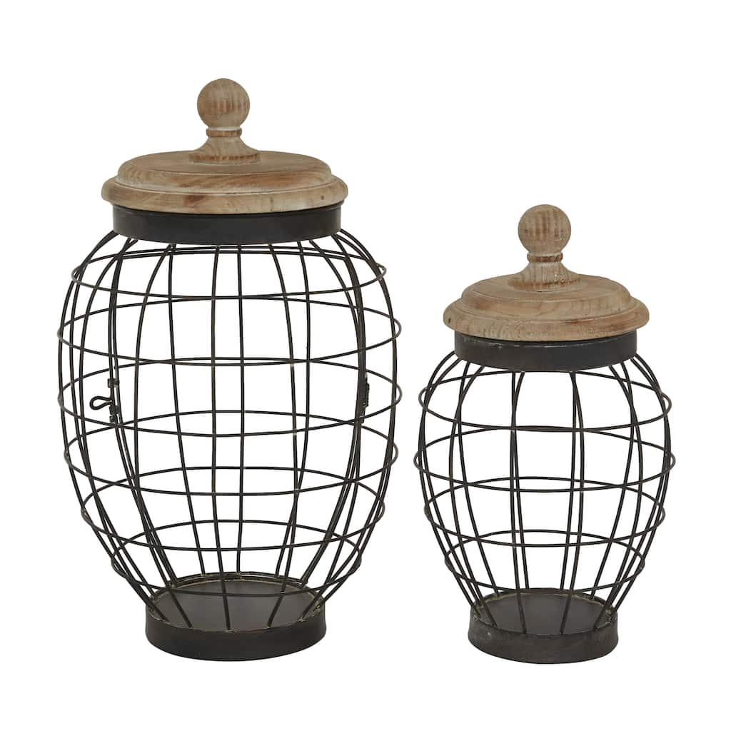 Metal Caged Style Decorative Jars with Wood Lids - Set of 2 Black - Roche River Decor - 9"W x 9"L x 15"H