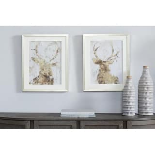 White Polystone Deer Home Wall Decor with Silver Frame (Set of 2)