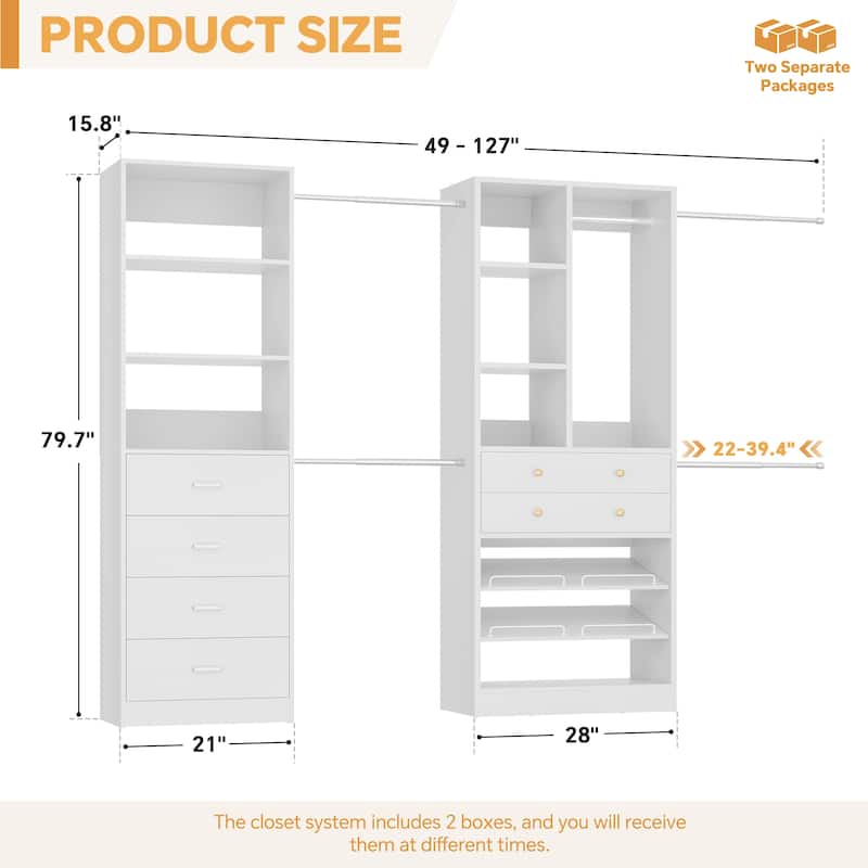 Set of 2 Closet Organizer System with Wood Drawers, Amoire Wardrobe with Hanging Rods