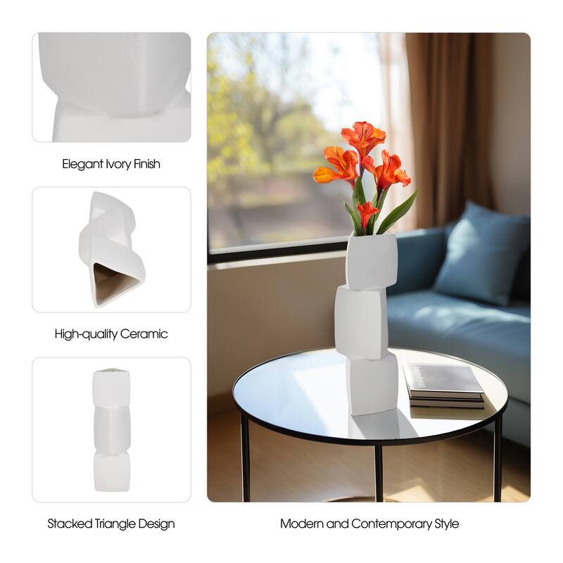 Sagebrook Home 17" Stacked Triangle Rough Vase, Ivory, Cylinder, 17"H, Solid Color