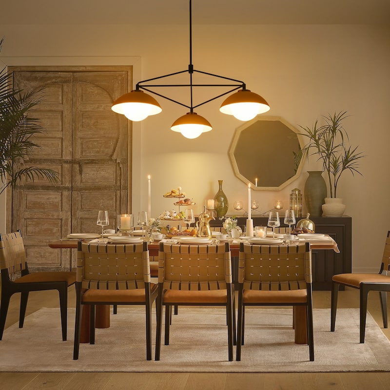 3-Light 41.9" W Mid-Century Modern Matte Black Dome Geometric Metal Chandelier with Opal Glass Globe Shades