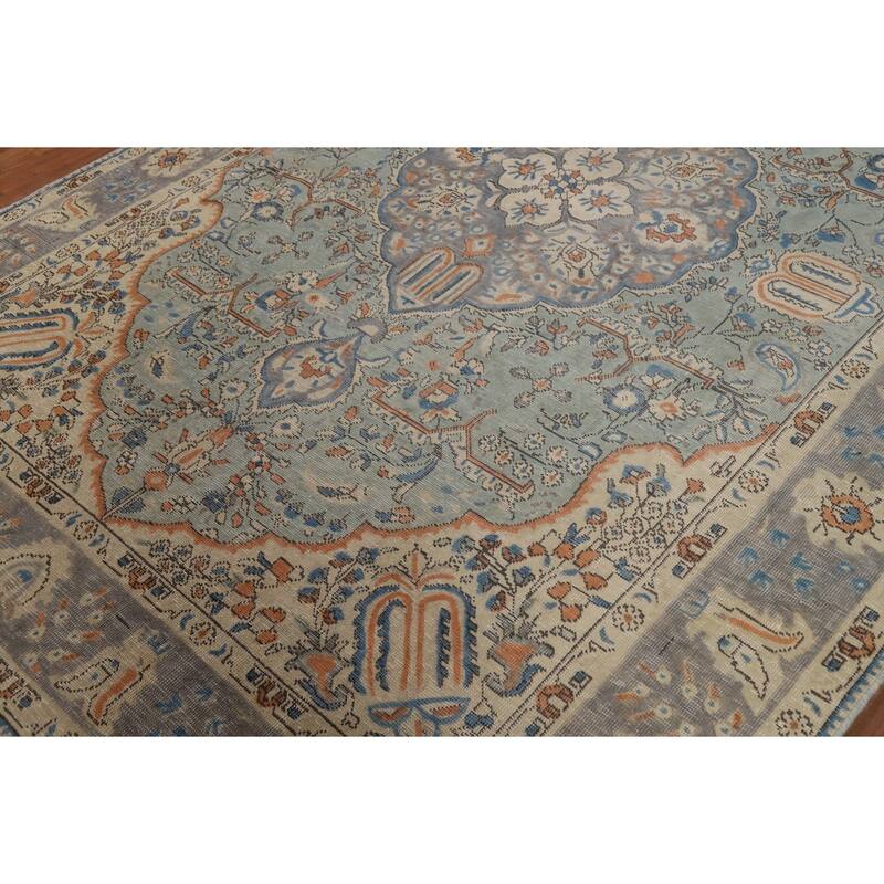 Light Blue Floral Tabriz Persian Area Rug Hand-Knotted Wool Carpet - 6'5"x 9'5"