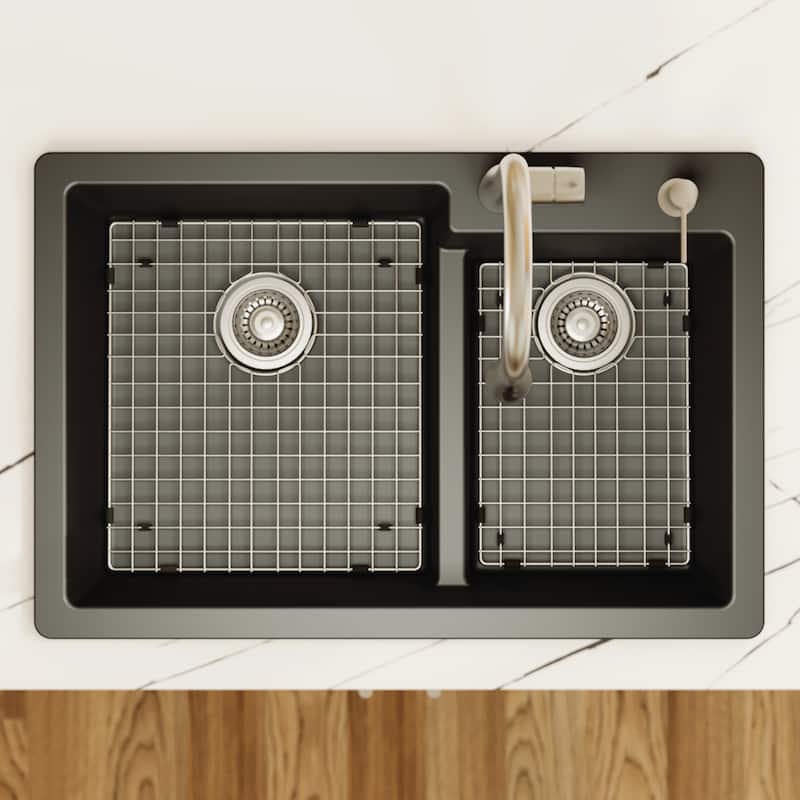 Karran 33" Top Mount Large/Small Bowl Quartz Kitchen Sink Kit - 33" x 22" x 9"